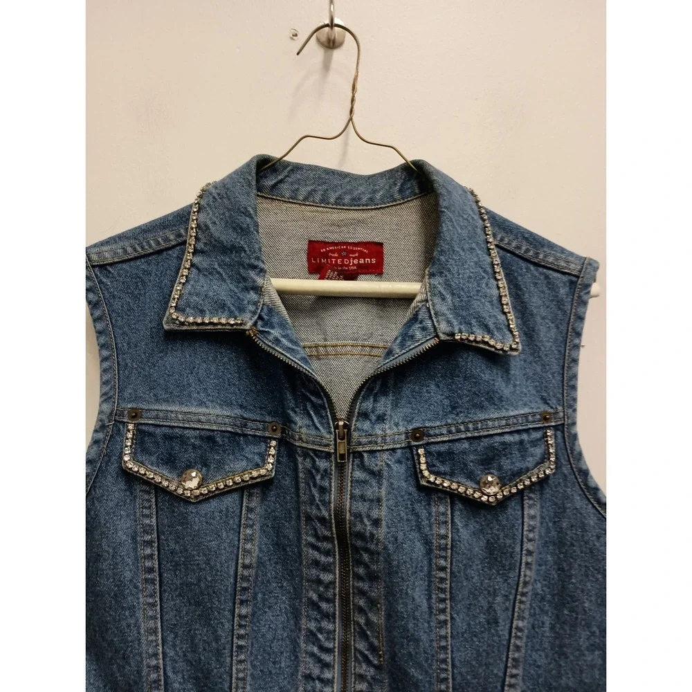 VTG‎ Y2K Limited Jeans Denim Vest Womens Medium Blue Rhinestone Trim